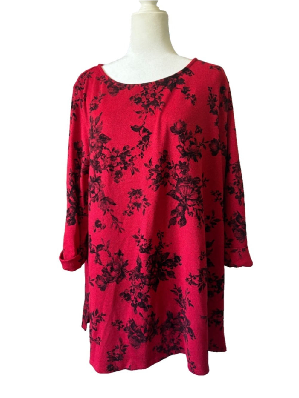 Kim Rogers 2X Red Black Floral Tunic Top Long Sleeve Casual Soft Comfort